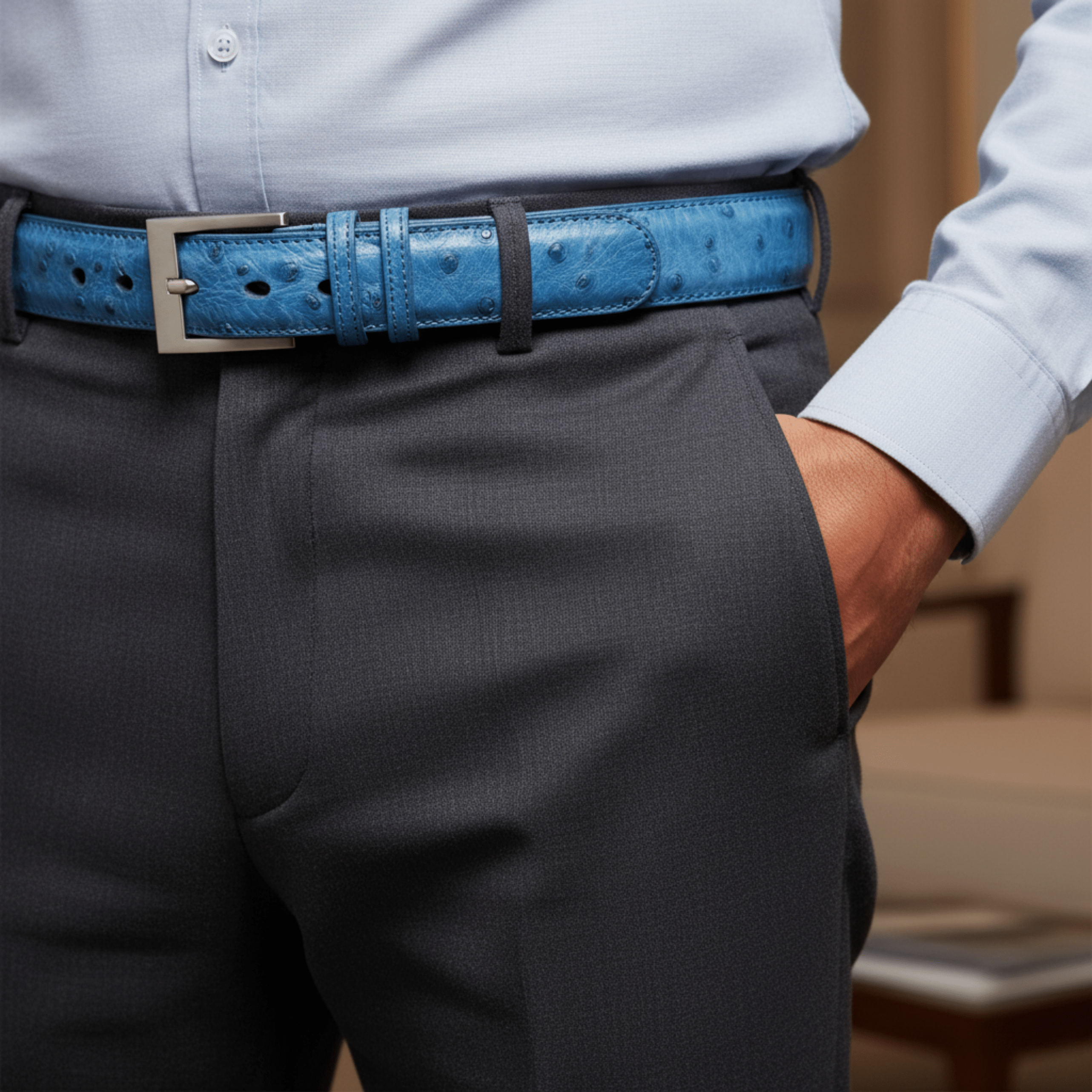 Clematis Blue Ostrich Belt - Ostrich Leather Belt