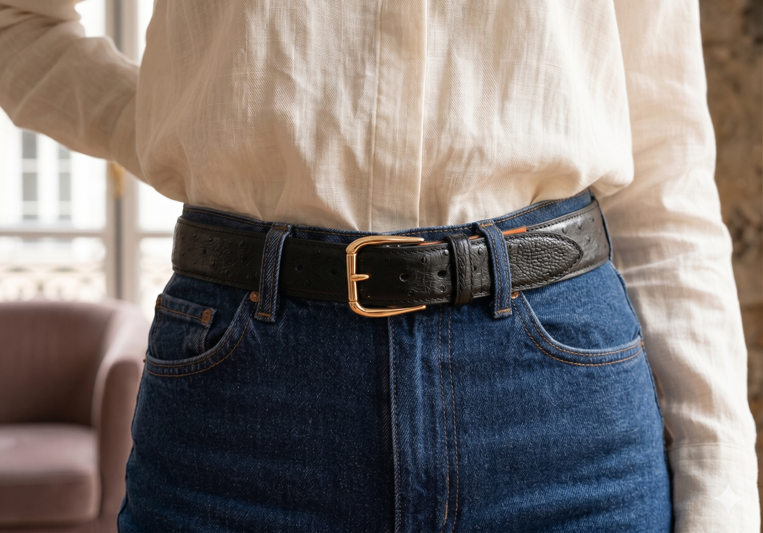 Premium Black Ostrich Patent Leather Belt
