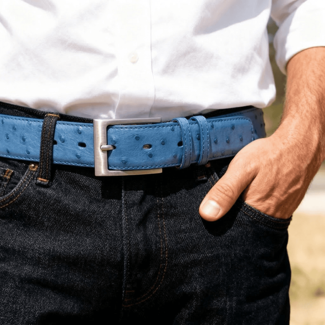 Clematis Blue Ostrich Belt - Ostrich Leather Belt