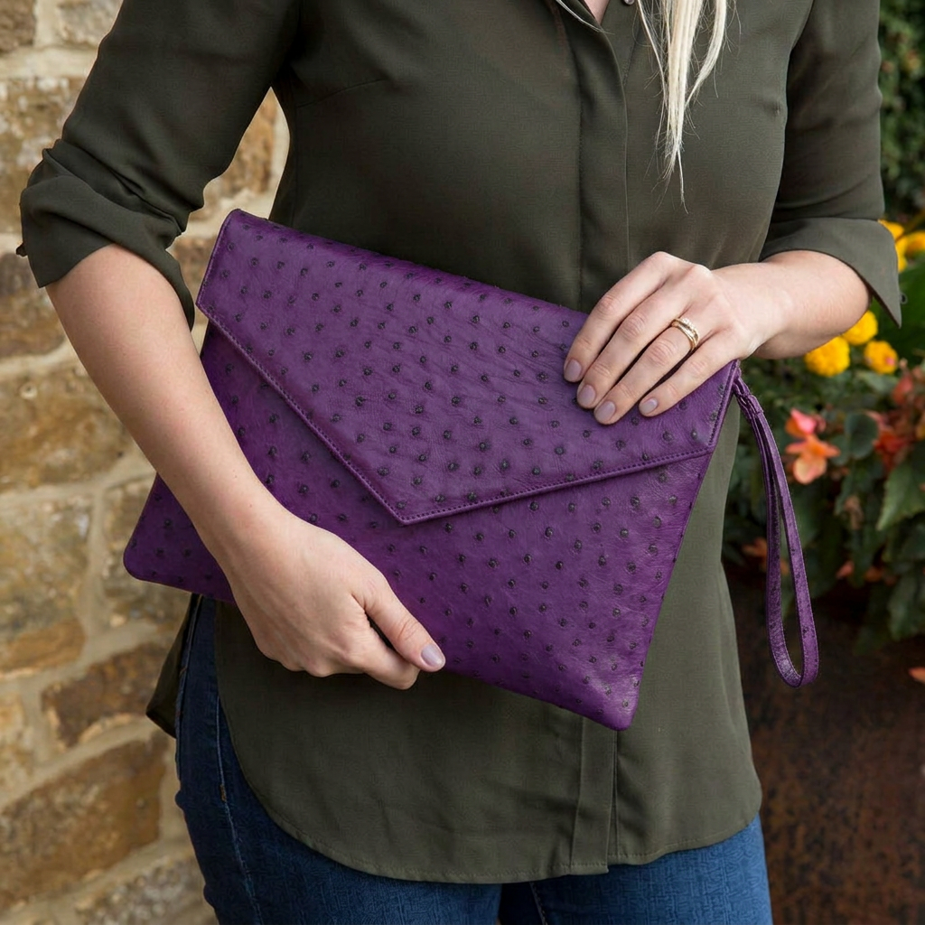 Ostrich Leather Envelope Maxi Clutch