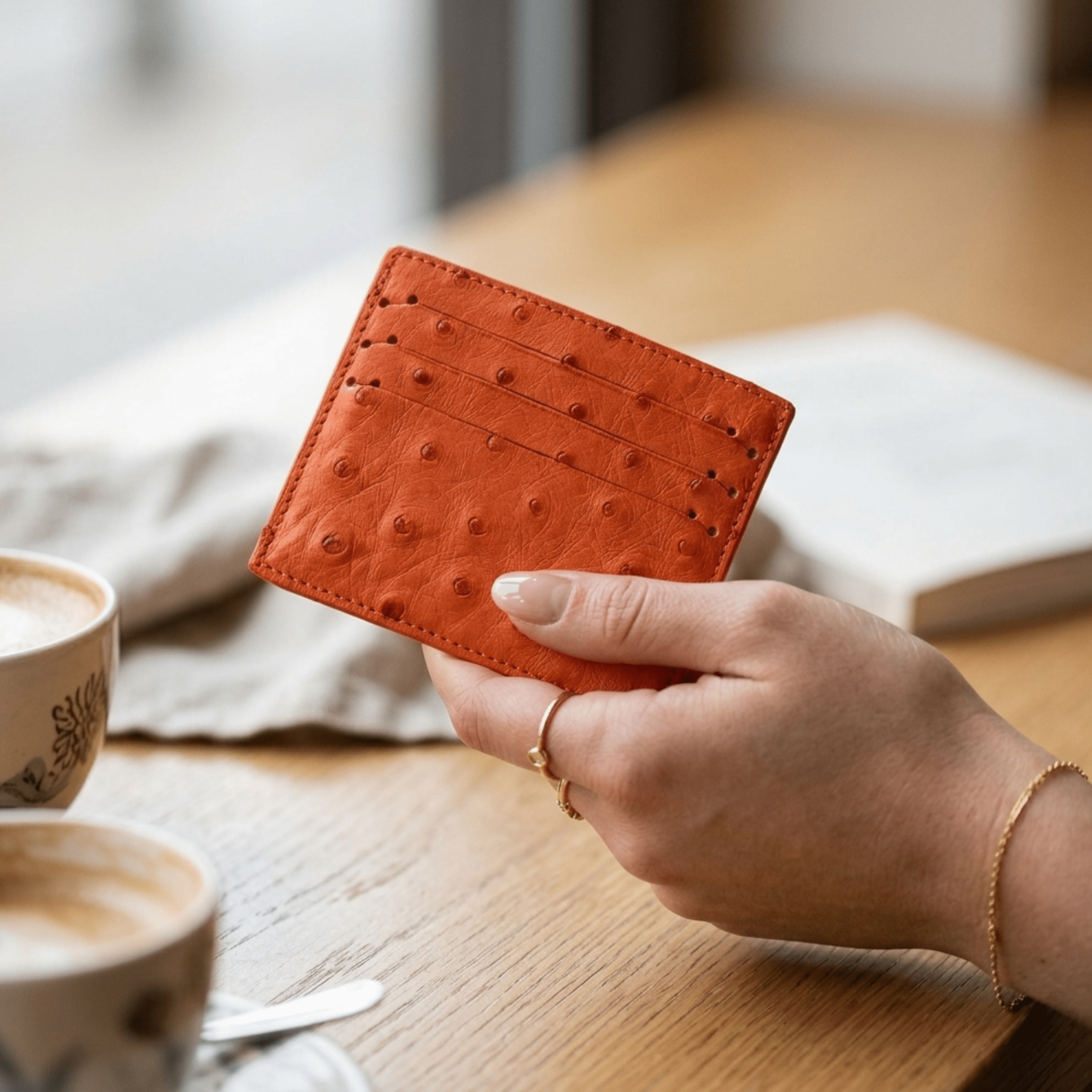 Ostrich Leather Small Card Holder Wallet - Ostrich Leather Wallet