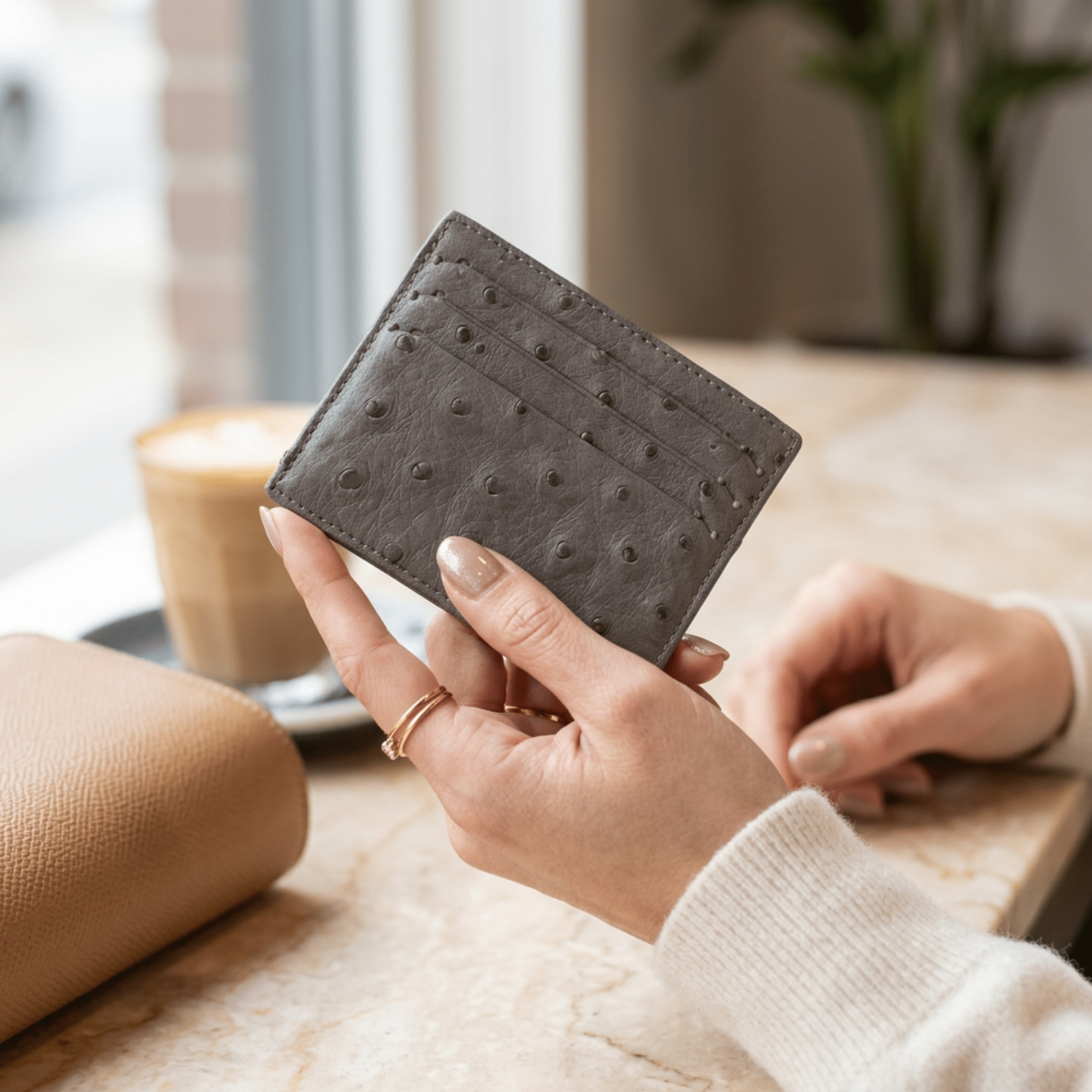 Ostrich Leather Small Card Holder Wallet - Ostrich Leather Wallet