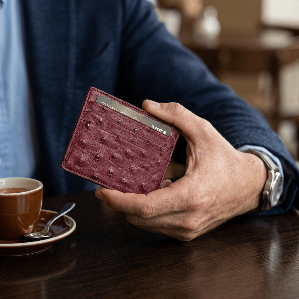 Ostrich Leather Small Card Holder Wallet - Ostrich Leather Wallet