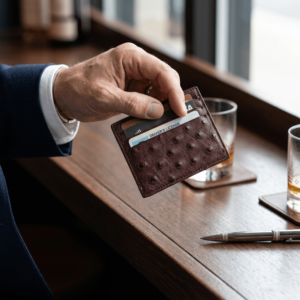 Ostrich Leather Small Card Holder Wallet - Ostrich Leather Wallet