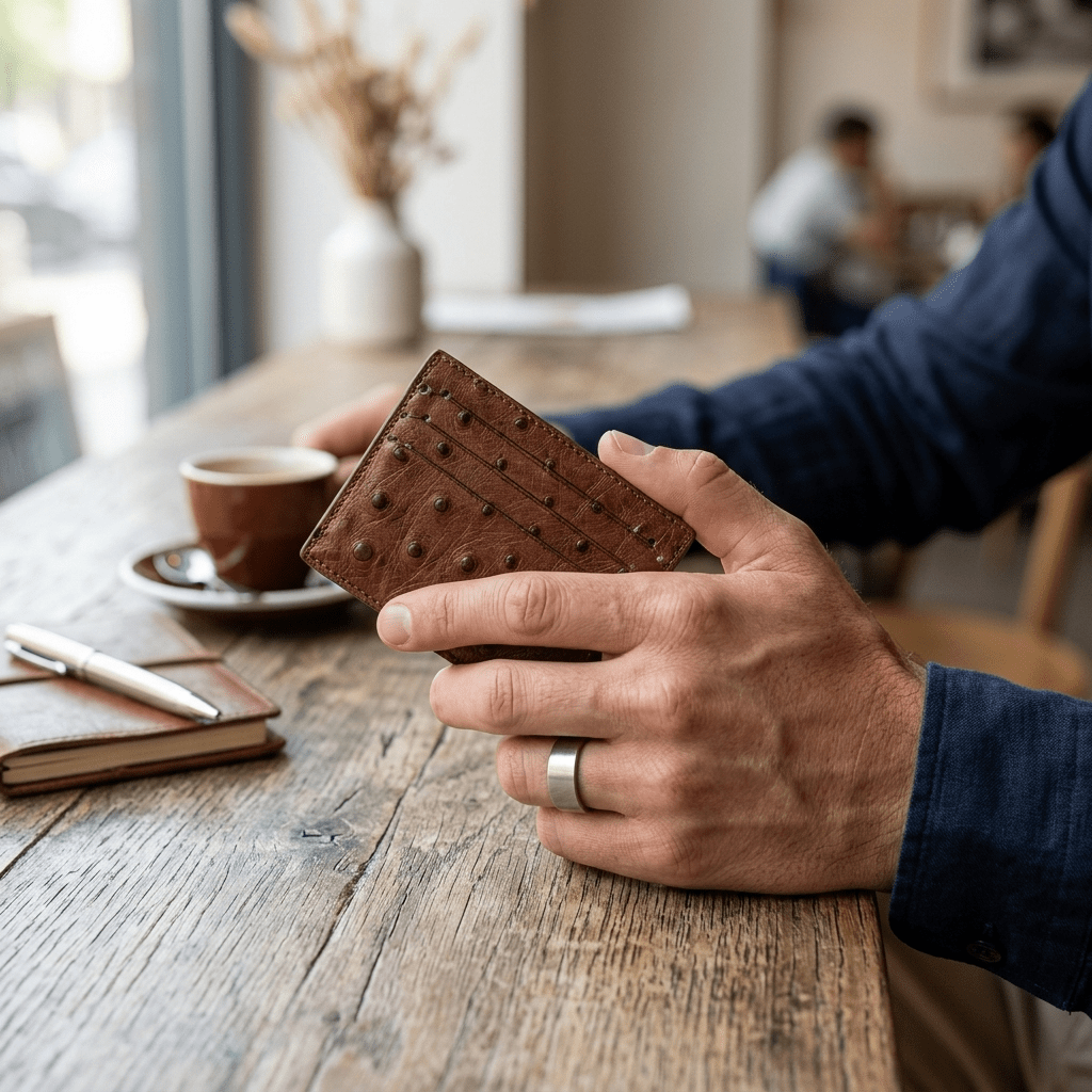 Ostrich Leather Small Card Holder Wallet - Ostrich Leather Wallet